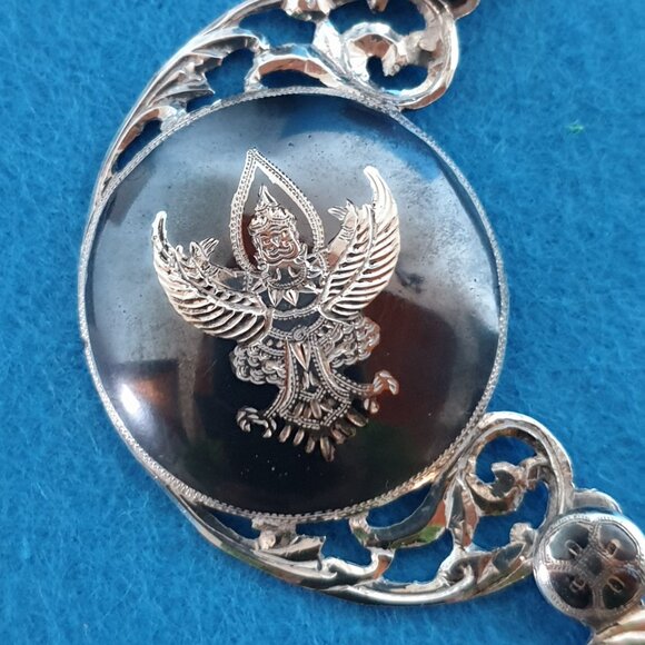 1940s Magnificent Siam Nakon Sterling 930 Silver Black Enamel Statement Necklace - Picture 8 of 17
